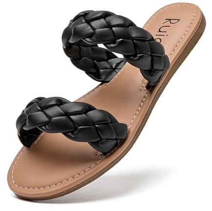 Ruiee Women's Flat Slides Sandals,Summer Casual Comfortable Beach Cool Braided Strap Slippers Shoes for Women.(LR22002,Black,Size6)