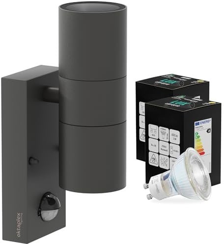 Oktaplex Chile Edelstahl Aussenlampe mit Bewegungsmelder inkl. 2x GU10 2700K warmweiß 450lm Außenleuchte IP44 anthrazit 230V - Energieklasse A