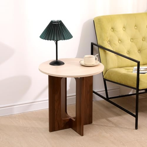 Redd Royal Living Room End Table Coffee Tables Round Small Wood Side Table Sofa Table Tall Decor Plant Stand Bedroom Bedside Table Nightstand 50CM (light walnut+brown)