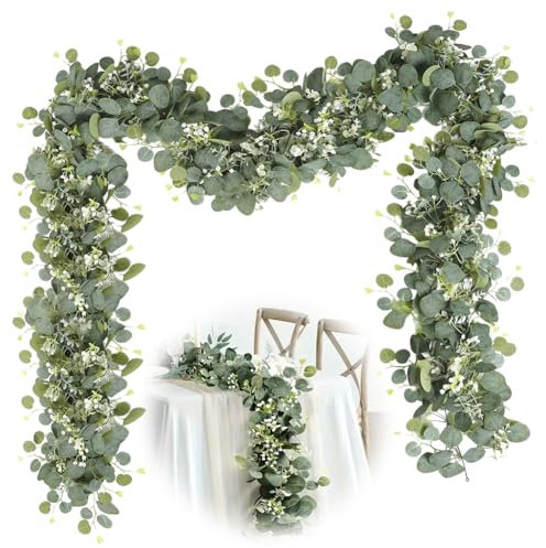 Wapasezyar Künstliche Eukalyptus Girlande Deko 1,8m Hängend Grüne Blätter mit Weiße Blumen Eukalyptusranke für Hochzeit Hintergrund Bogen Blumengirlande Dekoration Tischläufer Mittelstück, Grün