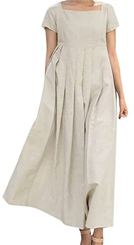 Robe Longue Femme Coton Et Lin - Robe Femme Chic Et Elegant Longue - Col Rond Grande Taille Robes Chemise Ample Boheme Robe Couleur Unie Robe De Plage Sexy Dress Pas Cher Mi Longue Robe