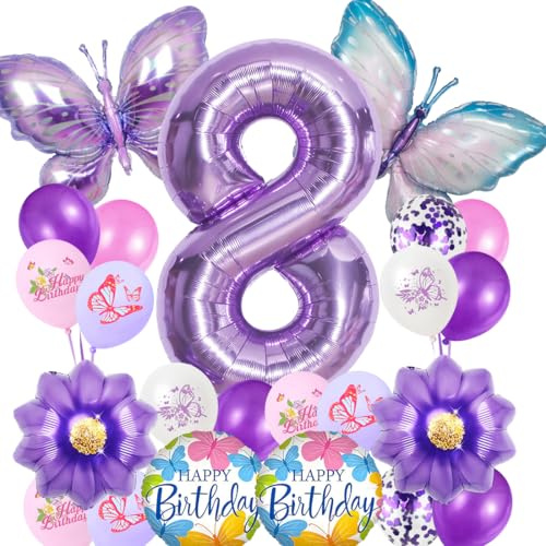 Schmetterling Ballon 8. Geburtstagsdeko Mädchen,Geburtstag Luftballons Mädchen 8 Jahre,Lila Schmetterling Folienballon,Geburtstagdeko Party Dekoration