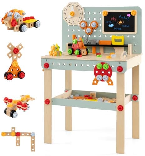 HOMASIS Banco degli Attrezzi Bambini in Legno, Officina Meccanica con Set di Utensili e Spazio di Stoccaggio, Tavolo da Lavoro Educativo per Bambini dai 3 Anni in Su, 54 x 30 x 83 cm