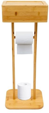 Klopapierhalter Stehend aus Bambus, 4 in 1 Toilettenpapierhalter Stehend mit Feuchttücherbox, WC Rollenhalter Stehend Holz Toilettenpapierhalter mit Ersatzrollenhalter,Toilettenpapier Aufbewahrung
