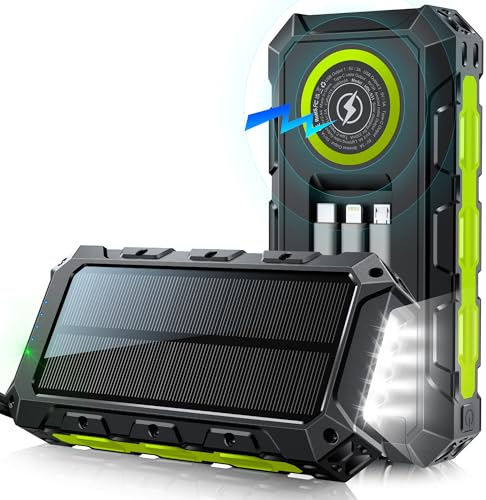 Power Bank 52800 mAh 30W PD Fast Charging, Wireless Solar Charger with 3 Built-in Cables, 7 Outputs, Flashlights, Portable Charger for Camping, Outdoor, Emergency