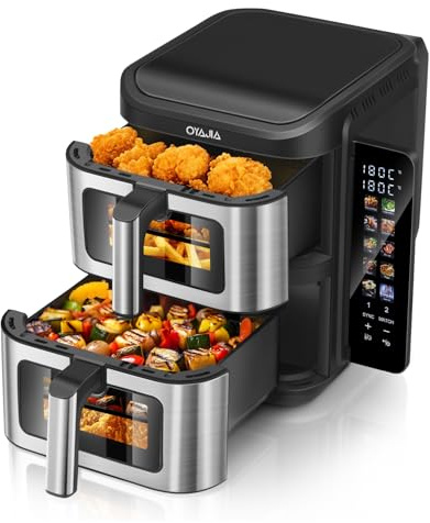 11L Double Stack Air Fryer, Family Size Digital with 2x5.5L Baskets Cook 4 Foods At Once, Smart Touchscreen, Energy and Time Saver with 10 Pre-Sets for Oil Free & Low Fat Healthy Cooking