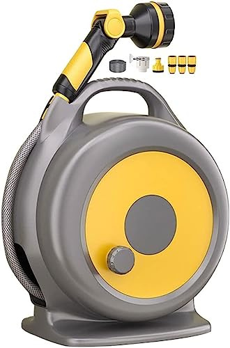 MKAK Wasserschlauchtrommelwagen, Hochdruck-Wasserpistolen-Werkzeugset, Kompakter Tragbarer Gartenschlauchwagen Integriertes Wasserrohr-Aufbewahrungsregal(Hose Cart+20m Pipe)
