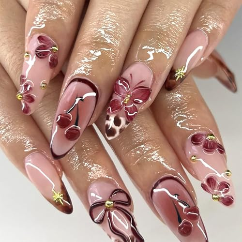 OuryTech Press On Nails Almond, 24 Pieces of Stick-on and Fake Nails, Almond Press Ons with 5D Flowers, Rhinestones and Glossy Brown Design for Women (Type C)