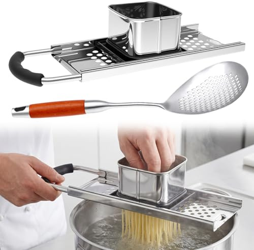 Kuanght Spaetzle Maker, Stainless Steel Noodle Maker with Plastic Handle and Slotted Spoon, Detachable Pasta Cooking Tools Suitable for Homemade Egg Noodle and Dumpling, Dishwasher Safe