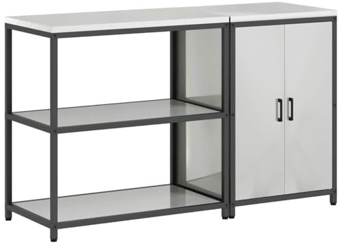 QJBSAVVA HATTEM Juego de 2 armarios de cocina de acero galvanizado plateado, estantería de cocina para exteriores con puertas y estantes para jardín e interior, 150 x 50 x 92 cm longitud total
