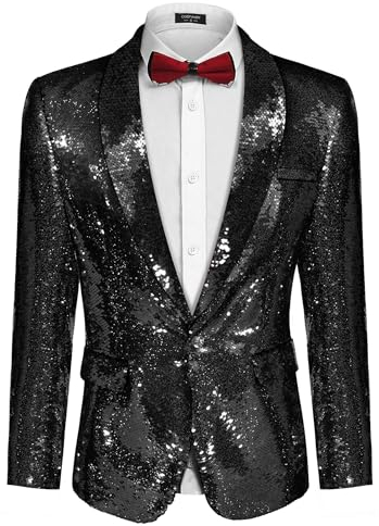 Coofandy Herren Glänzende Pailletten Jackett Blazer mit einem Knopf Smoking für Party, Hochzeit, Bankett, Prom Mittel Schwarz