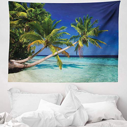 ABAKUHAUS Landschaft Wandteppich, Tropic Island Palms aus Weiches Mikrofaser Stoff Waschbar ohne Verblassen Digitaldruck, 150 x 110 cm,Grün Aqua Blau