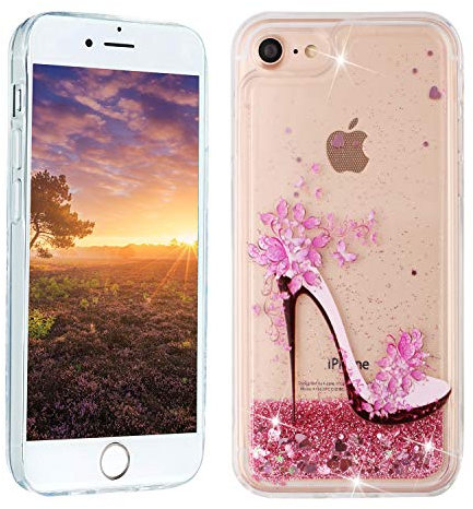 HopMore Silikon Glitzer Hülle für iPhone SE 2020 / iPhone 7 / iPhone 8 Flüssig Transparent 3D Muster Schutzhülle Durchsichtig Handyhülle Silikonhülle Stoßfest Gummi Glitter Cover - High Heels