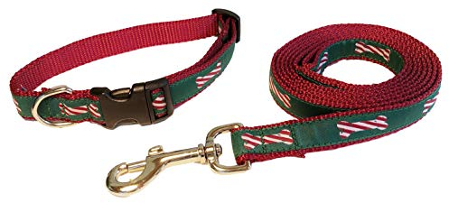 Preston Peppermint Stick Hundehalsband und Leine Set für Weihnachten und Feiertage - Zuckerstange Hundeknochen Design auf grünem Band mit rotem Nylongewebe (Medium)