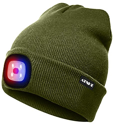 ATNKE LED Beleuchtete Mütze,Wiederaufladbare USB 4 LED Rot und Blau Leuchten Blinkender Laufmütze mit Licht Extrem Heller Lampe Winter Warme für Herren und Damen Geschenke/ArmyGreen