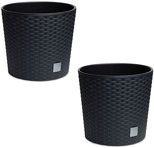 astor24 - 2X Blumentopf Anthrazit in Rattan-Optik - Pflanzkübel mit Einsatz - Rattan-Blumentopf für Garten - In/Outdoor (2er Set Schwarz, 20 cm Ø)