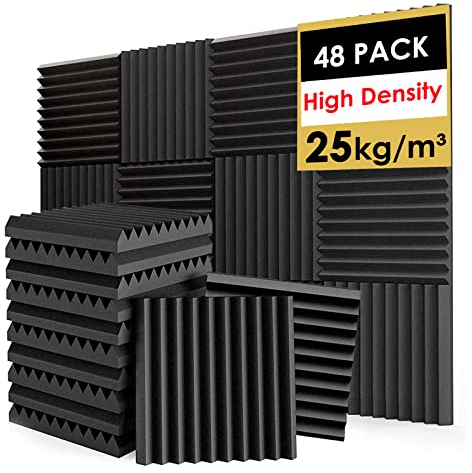 FONESO 48 Stück Akustikpaneele, 2.5x30.5x30.5 cm, schalldichte Schaumstoffplatten für Wände, Keilschallabsorbierende Platten, feuerbeständig für Studio-Aufnahmen, Heimbüro