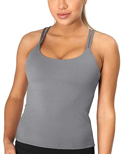 icyzone Damen Sport Top mit Integriertem BH - Longline Gepolsterter Yoga-BH Ohne Bügel, 2 in 1 Gym Fitness Tanktop (S, Grau)