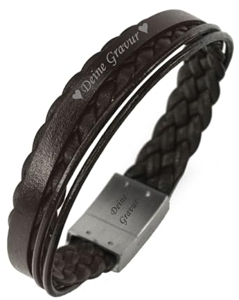 Herren Lederarmband mit Gravur mit Namen oder Datum - personalisiertes Armband aus Echtleder - Geschenk zum Geburtstag für Männer & Papa - Wunschtext graviert - individuelles stilvolles Männerarmband
