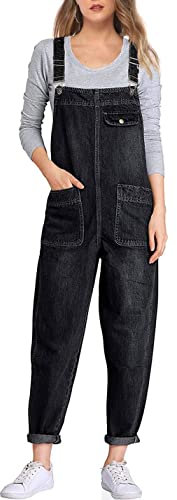 Sukany Women's Casual Baggy Denim Jean Overalls Loose Bib Dungarees Harem Romper Jumpsuit Pants Black XL