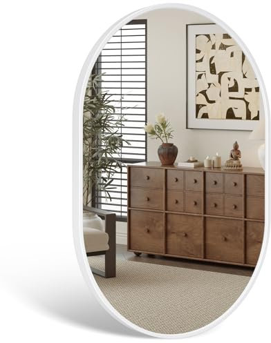 Dripex 50 x 70cm Oval Mirror, Wall Mounted Bathroom Mirror, Horizontal or Vertical Hanging Wall Mirror for Living Room, Bedroom, Entryway, White