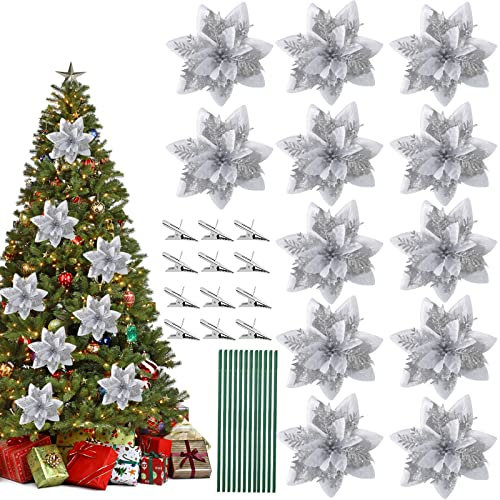 JOKILY 12 Stück Weihnachten Glitzer Weihnachtsstern Künstliche Blumen, Kunstblumen, Weihnachtsstern Deko Blumen, Weihnachten Baum Blumen Muster Ornamente mit 12 Metallclips und Stielen (Silber 12)
