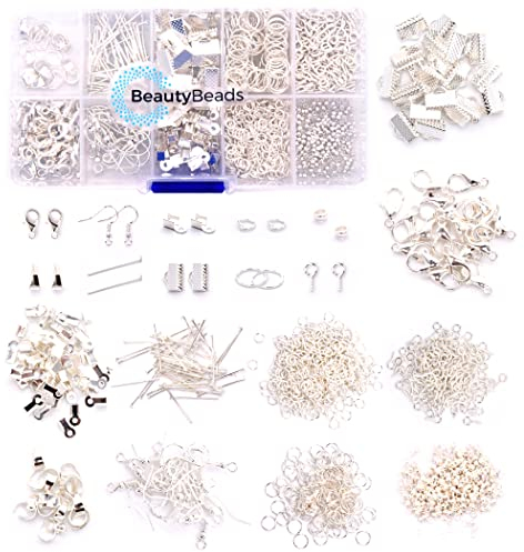 BeautyBeads Aufbewahrungsbox mit +500 Silber Teilen – Schmuckherstellung mit 10 verschiedenen Arten – Verschlüsse, Haken, Ringe – Zubehör für Armbänder, Halsketten, Ohrringe, Fußkettchen – Silber