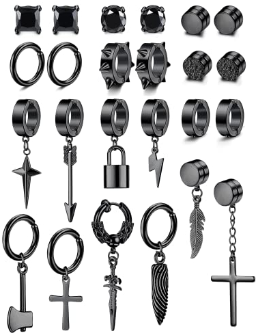 Diamday 24 Pcs Edelstahl Fake Ohrringe Clip auf Ohrringe für Männer Kreuz Kette baumeln Ohrringe nicht durchbohrt Huggie Hoop Ohrringe schwarz Ohrringe für Männer Frauen Schwarz