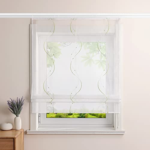 Heichkell Voile Raffrollo mit Klettband Transparent Raffgardinen Vorhang mit Stickerei Wohnzimmer Gardine Grün BxH 80x140cm