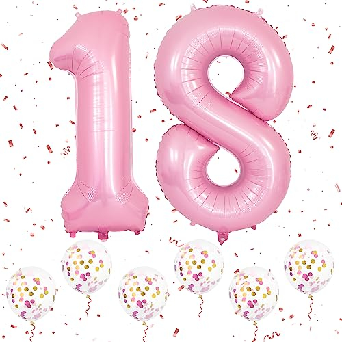 Palloncini Compleanno Numero 18 Rosa, 40 Pollici Grandi Palloncini Numeri Elio con 6Pz Palloncini Coriandoli Rosa per 18 81 Ragazzi Ragazze Compleanno Anniversario Decorazioni Festa