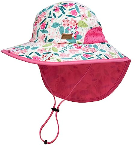 Foruhoo Mädchen Sonnenhüte Atmungsaktiver, UV Schutz, Breite Krempe Fischerhut mit Kordelzug (#1 Rosa Blume,56)