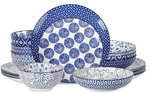 Selamica Keramik Geschirr Set, 16tlg Geschirrset 4 Personen, Tafelservice mit Teller set, Dessertteller, Müslischalen, Pastateller, Spülmaschinenfest und Mikrowellengeeignet (Vintage Blue) B