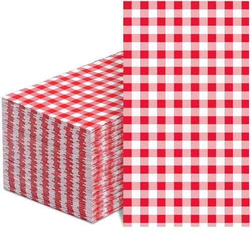Lot de 100 serviettes jetables en papier à carreaux rouges et blancs pour pique-nique, barbecue, anniversaire, fête de mariage