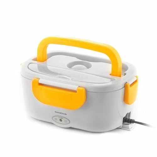 InnovaGoods® Fiambrera Eléctrica 2 en 1 para Coche Camión y Trabajo 60W, Capacidad 1,5L, Temperatura Máx. 90 ºC, Cierre Seguro, Válvula Vapor, Incluye Cubiertos, Calienta comida en minutos.