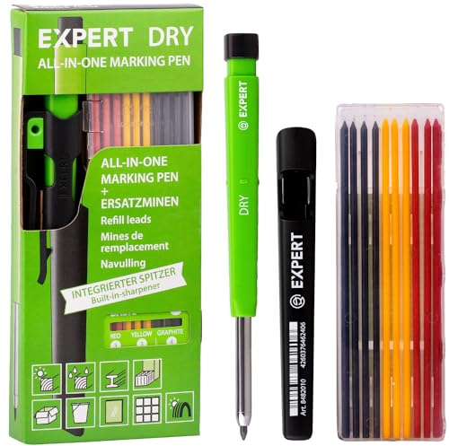 EXPERT DRY Zimmermannsbleistift inkl. 11 Minen | Mit integriertem Spitzer | Nachfüllbarer Tieflochmarker mit Basic-Minen-Set | Handwerker Bleistift für Holz, Glas oder Metall | Bleistift Baustelle