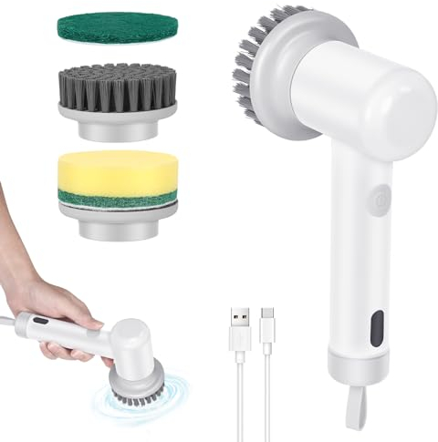 Alftek Brosse de Nettoyage électrique, Spin Power Scrubber avec 4 têtes de Brosse Interchangeables, étanche IP6 sans Fil pour Salle de Bain, Cuisine