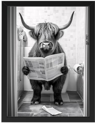 Hochlandrind auf WC, Poster 30cm x 40cm mit Rahmen, Toilette Badezimmer Deko Bild, Wand-Deko Bilder Lustiges Geschenk