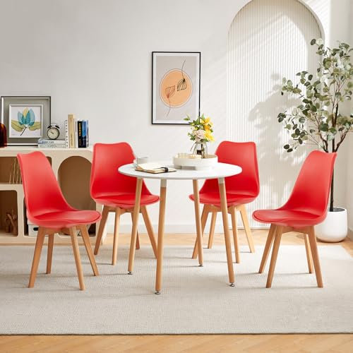 FURNITABLE Esszimmergruppe Esstisch mit 4 Stühlen Essgruppen, Runder Küchentisch und 4er Set Esszimmerstühle Sitzgruppe für Wohnzimmer Küche Büro (Weiß Tisch+4 Rot Stuhl)