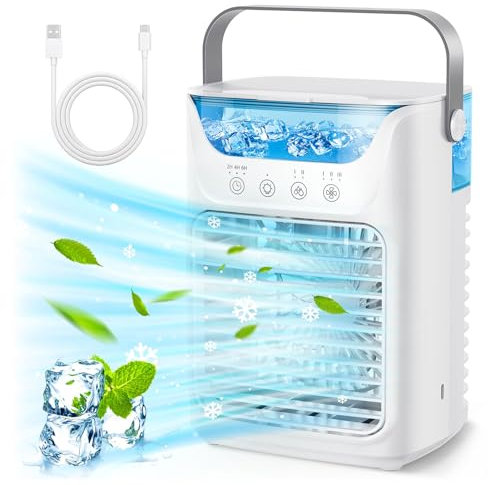 Ventilateur de Climatiseur, Mini Refroidisseur de Porte de Table USB Portable 4 en 1 et Ventilateur avec Veilleuse 7 Couleurs, Réservoir D'eau de 700 Ml, Humidificateur pour la