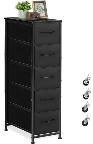 Shinoske Kommode Schmal, Aufbewahrungsschrank mit 5 Schubladen aus Stoff, Aufbewahrungskommode Kommodenschrank Schubladenschrank für Schlafzimmer Wohnzimmer Kinderzimmer Flur, Metallrahmen, Schwarz