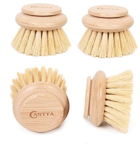 4 Pcs Replacement Head Eco-Friendly Bamboo Dish Brush with Handle, Natural Dish Scrubber Compostable & Sustainable, Kitchen Brush Cleaning Tool for Dishes, Pots and Pans