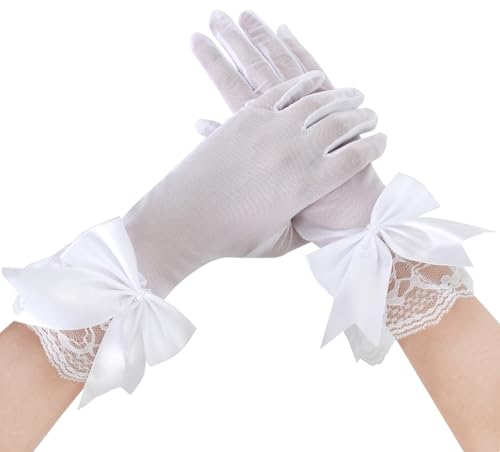 Ehuihuan 1 Paar Damen Spitzenhandschuhe, Vollen Finger WeißE Handschuhe, WeißE Hochzeit Handschuhe, Weiß Kurz Spitzennetzhandschuhe FüR Hochzeits Dinner Partys KostüMzubehöR