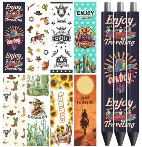Peacoblue UV DTF Pen Wraps Transferaufkleber West Cowboy, 48 Stück wasserdichte HD-Druck UV DTF Pen Aufkleber für personalisierte DIY Bleistift Stift Handwerk Geschenke Schenken