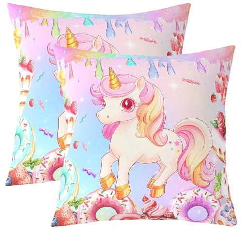 Cartoon Licorne Housse de Coussin 60x60 Lot de 2 Fille,Délicieux Dessert Licorne pour Enfants Housse D'Oreiller,Beignet D'Anniversaire Taie D'Oreiller,Gouttes de Bonbons Aquarelle Housse D'Oreiller