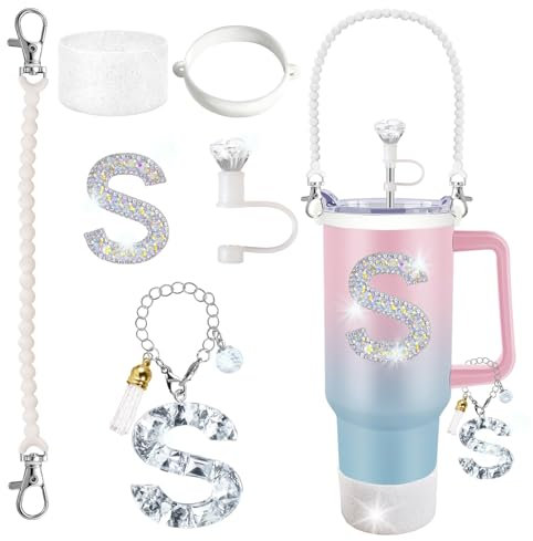 Stanley Cup Accessories Glitzerstrohhalm-Abdeckung, Buchstaben-Anhänger, Buchstaben-Aufkleber, Silikonstiefel, Halter mit Gurt, silberfarben, für Stanley Tumbler