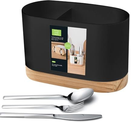 Generic Cutlery Holder, Wooden Base Chopstick Rack, Kitchen Utensil Drainer, Black, Polypropylene & Pine Wood, Countertop Mount, DRYING_RACK, For Kitchen Utensils