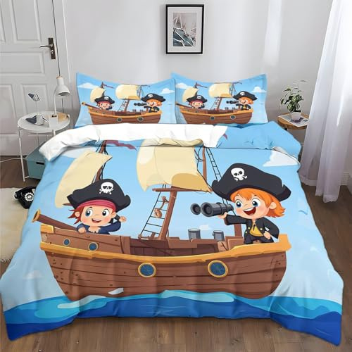 XCQHZYQ Bettwäsche Set 135x200 cm Cartoon-Pirat Segelschiff Bettbezug 3D-Digitaldruck Bettwäsche-Sets 3 teilig Weiche Polyester Baumwolle Bettbezug für Kinder Erwachsene