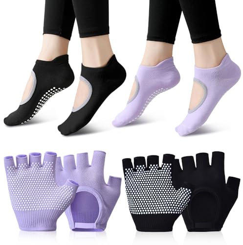 SITAKEGS Rutschfeste Yoga Handschuhe Socken Set, 2 Paar Frauen Fingerlose Gym Handschuhe und Pilates Socken, Silikon Dot Grip Socken Sport Handschuhe für Fitness Übung Hanging Yoga Cross Fit Radfahren