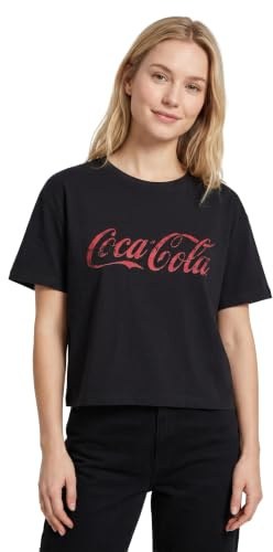 Coca-Cola Women's Black Cropped Short Sleeve Graphic Tee | Retro Style Coke Logo T-Shirt | Classic Soft Cotton Top for Women | Coca Cola Merchandise Gift