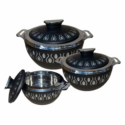 3-Piece Insulated Casserole Set with Lid – Double-Wall Hot Pot for Food Serving and Storage – Thermal, Stainless Steel Interior – Ideal for Kitchen, Lunch, and Dinner (Black) (1000,1500,2000ML)